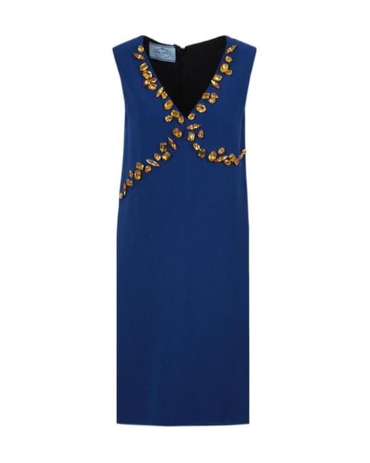 Prada Blue Crystal-Embellished V-Neck Dress