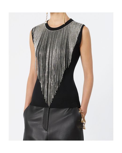 Sportmax Black Crine Crystal-Fringe Sleeveless Top