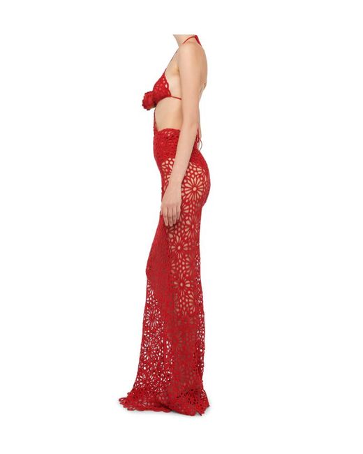 Norma Kamali Red Floral-Lace Skirt