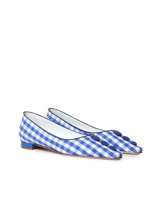 Manolo Blahnik Blue Gingham Button Flat Shoes