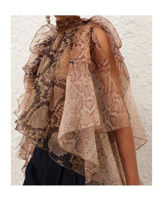 Zimmermann Brown Ruffled Snakeskin-Print Blouse
