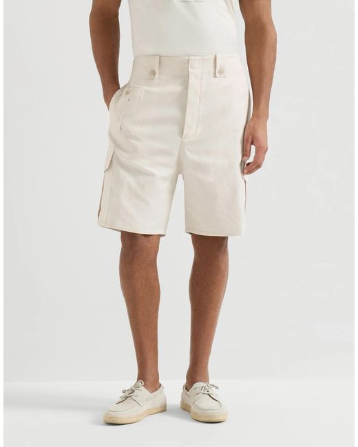 Brunello Cucinelli White Cotton And Linen Canvas Bermuda Shorts With Cargo Pockets for men