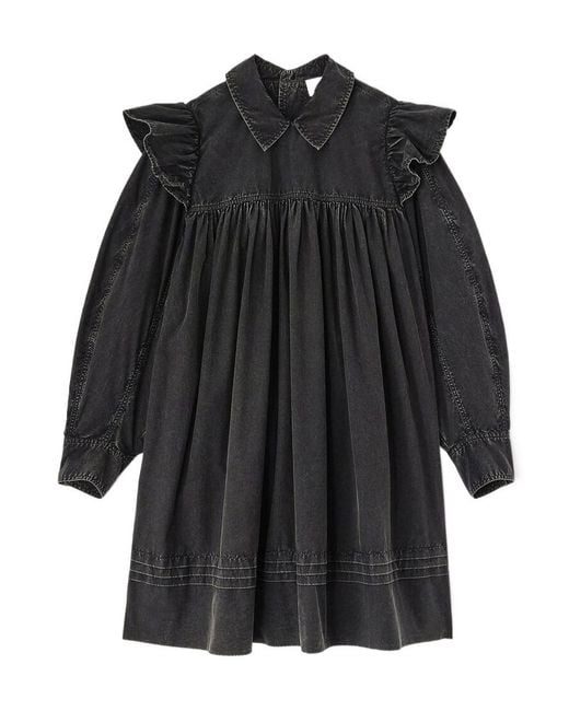 Ganni Black Ruffled Washed Mini Shirt Dress