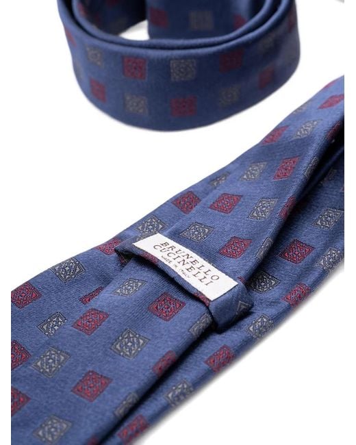 Brunello Cucinelli Blue Square-Pattern Silk Tie for men