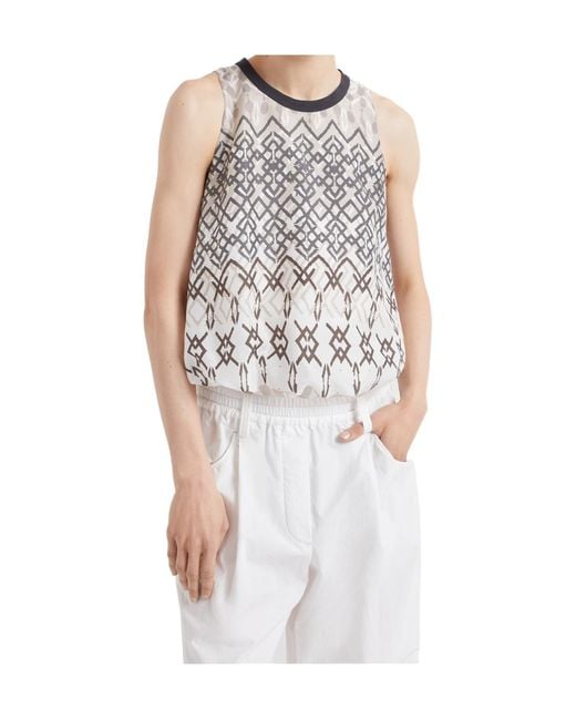 Brunello Cucinelli White Geometric-Print Silk Blouse