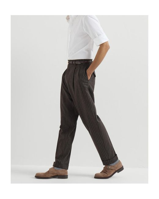 Brunello Cucinelli Gray Virgin Wool And Cashmere Chalk Stripe Trousers With Double Pleats for men
