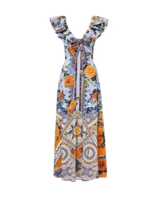 Camilla Blue Printed Linen And Silk Maxi Dress