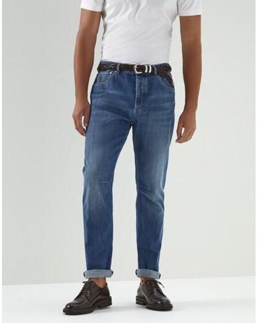 Brunello Cucinelli Blue Logo Patch Straight-Leg Jeans for men