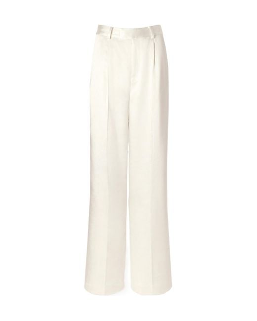 Self-Portrait White Pleated Satin-Finish Tailored Trousers