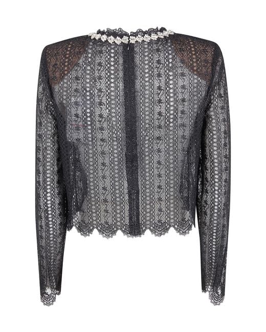 Self-Portrait Gray Embellished Trim Lace Blouse
