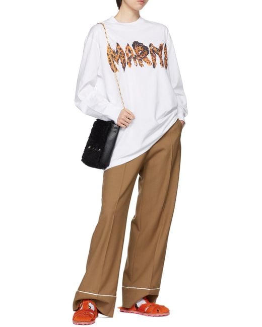 Marni White Feline Print Logo Bio Jersey Long T-Shirt