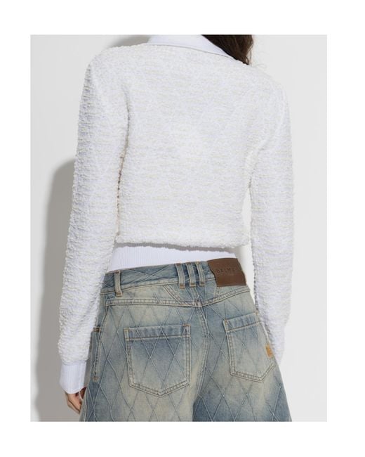 Balmain White Half-Zip Textured-Knit Sweater