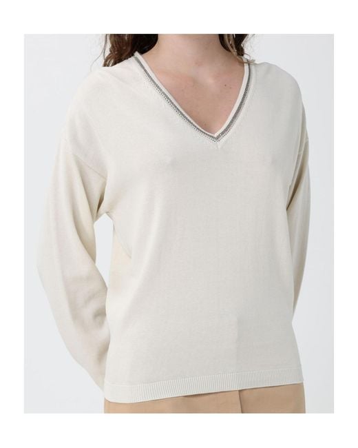 Fabiana Filippi Natural Bead-Embellished V-Neck Sweater