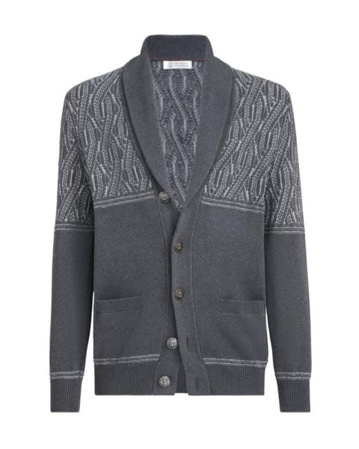 Brunello Cucinelli Gray Cotton Shawl-Collar Cardigan With Jacquard Cable Shoulder for men