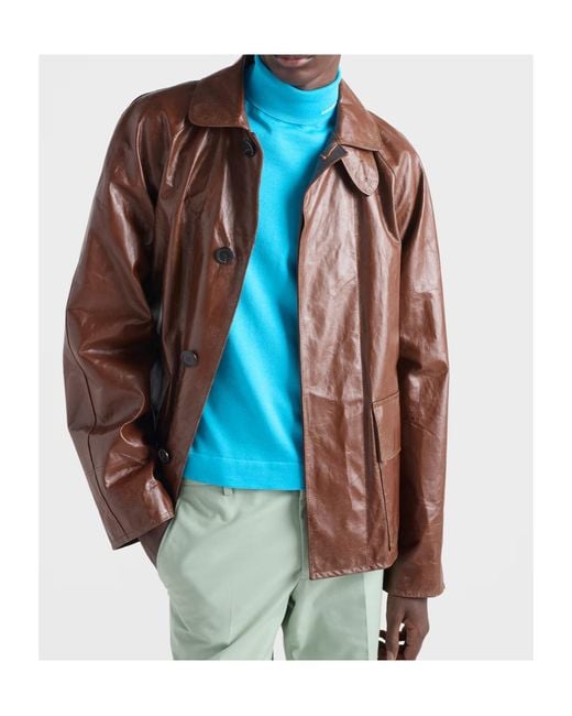 Prada Brown Vintage-Look Leather Blouson Jacket for men