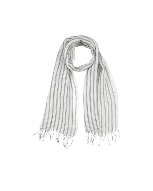 Brunello Cucinelli White Striped Shiny Silk Tassel Scarf