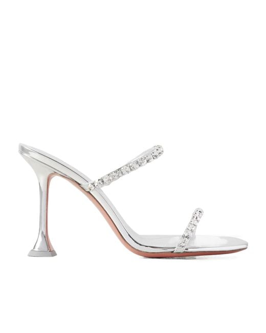 AMINA MUADDI White Crystal-Embellished Mirrored-Leather Mules