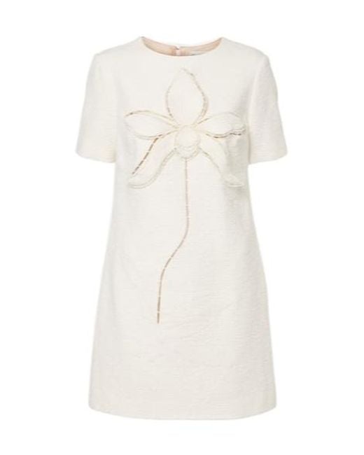 Oscar de la Renta White Orchid Embroidered Cotton Tweed Shift Dress