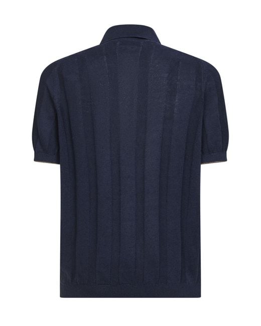 Brunello Cucinelli Blue Textured Rib Linen And Cotton Knit Shirt for men