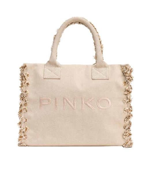 Pinko Natural Logo Embroidered Frayed-Edge Tote Bag