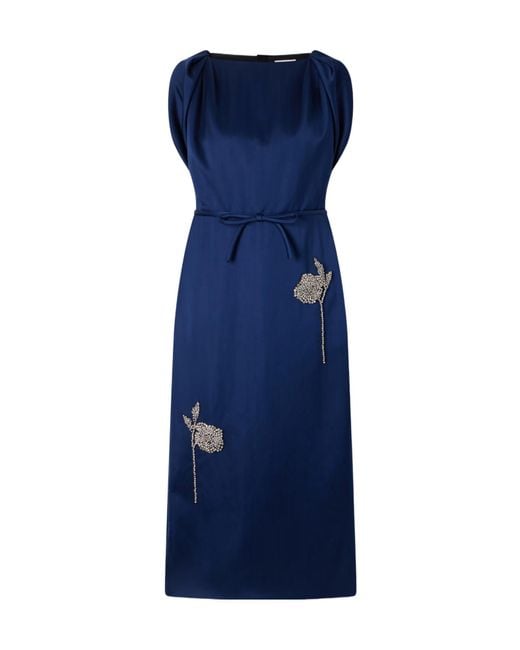 Erdem Blue Embroidered Satin Midi Party Dress