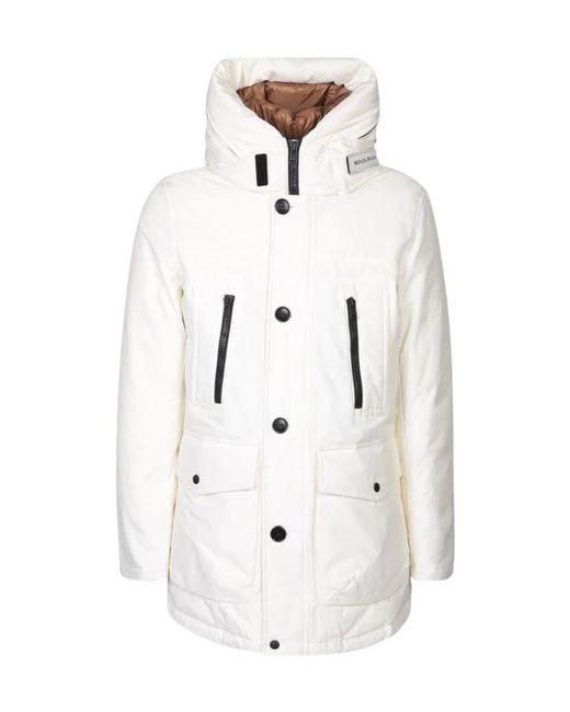 Woolrich White Logo Printed Hooded Down Jacket for men