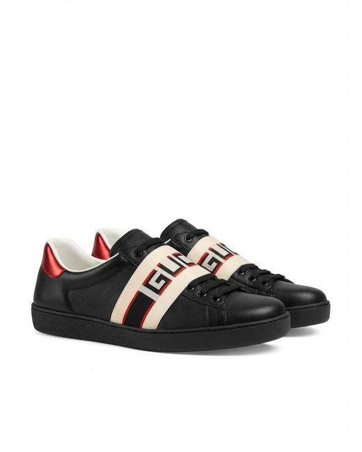 Gucci Black And Cream Logo Stripe Leather Sneaker for men