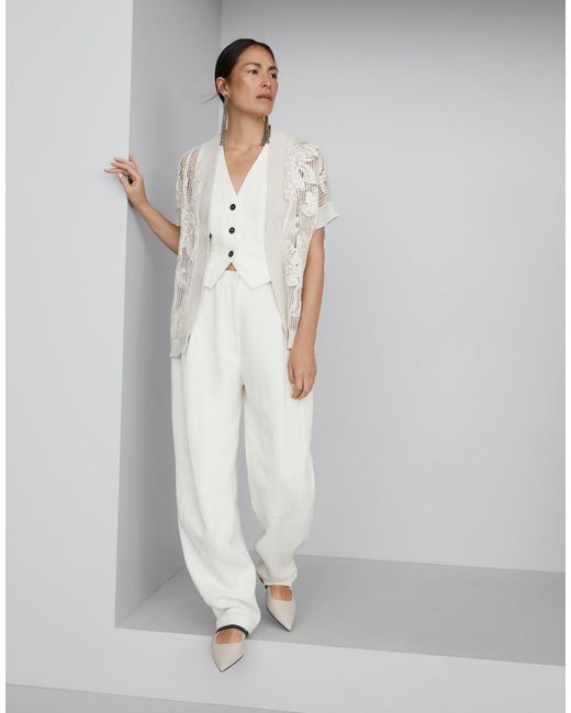 Brunello Cucinelli White V-Neck Knitted Jumper