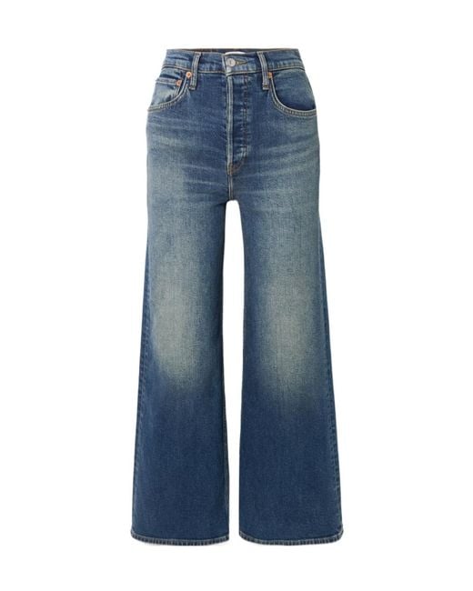 Re/done Blue Cropped High-Rise Wide-Leg Jeans