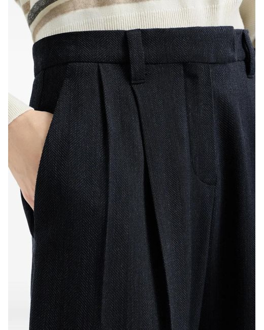 Brunello Cucinelli Blue Virgin Wool Crêpe Chevron Tailored Barrel Trousers With Monili