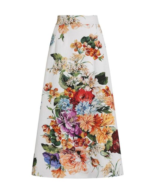 Dolce & Gabbana White Floral-Print Midi Skirt