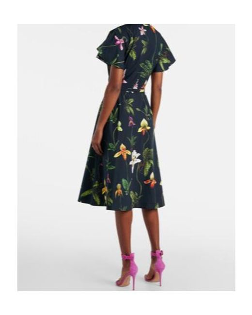 Oscar de la Renta Green Floral Cotton-Blend Midi Dress