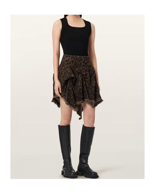 AllSaints Black Crissy Leopard Print Denim Mini Skirt