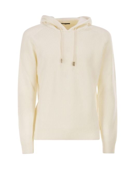 Tagliatore White Drawstring Knitted Hooded Jumper for men