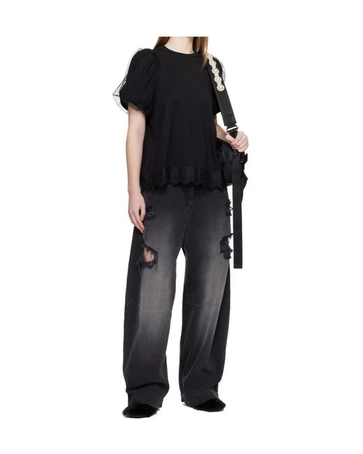Simone Rocha Black Sheer Puff Sleeve Lace Trim T-Shirt