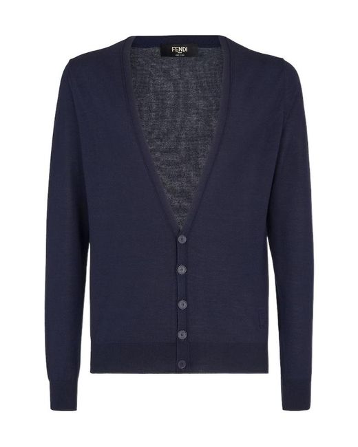 Fendi Blue Ff Embossed V-Neck Buttoned Cardigan for men