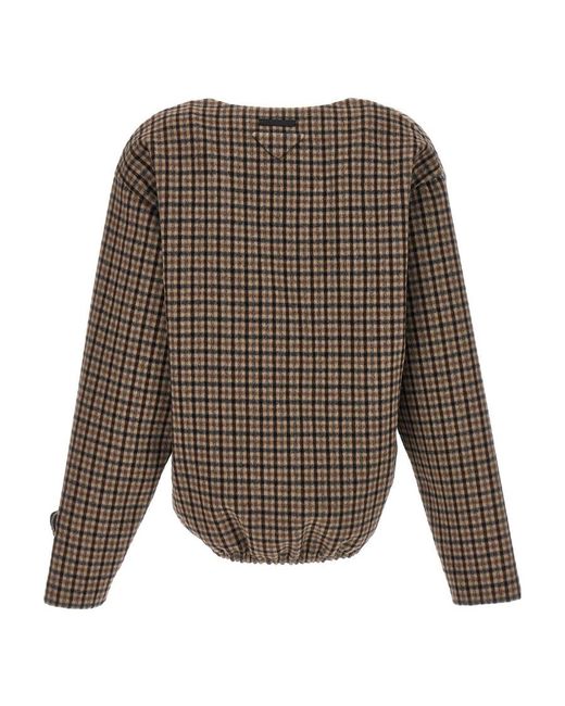 Prada Brown Checked V-Neck Top