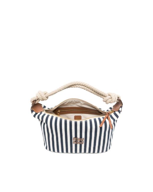Miu Miu White Striped Rope-Handle Tote Bag