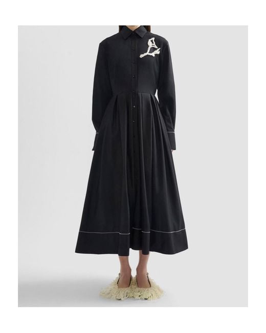 Erdem Black Embroidered Pleated Cotton-Poplin Midi Shirt Dress
