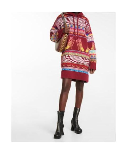 Stella McCartney Red Intarsia Wool-Blend Hoodie Dress