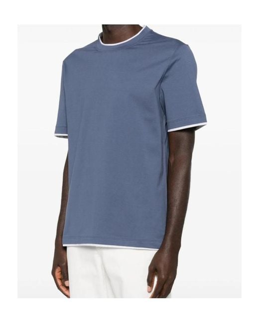 Brunello Cucinelli Blue Layered-Effect Crewneck T-Shirt for men