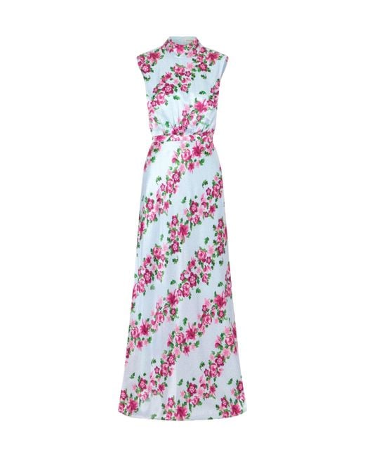 Saloni White Printed Satin Halterneck Gown