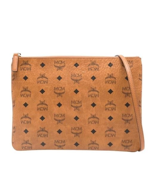 MCM Brown Logo Patterned Zipped Clutch Bag