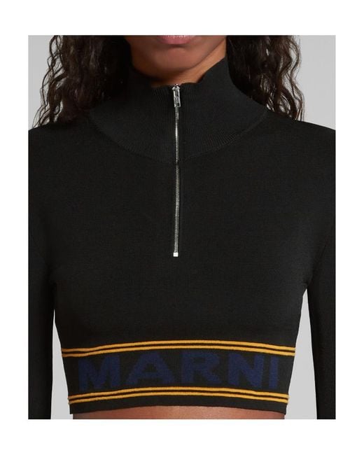 Marni Black Logo Intarsia-Knit High Neck Cropped Jumper