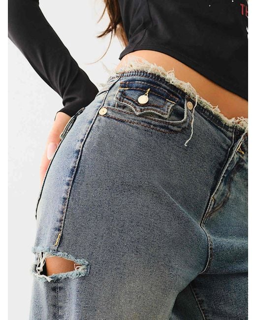 True Religion Blue Bobbi Frayed Low Rise Baggy Jean