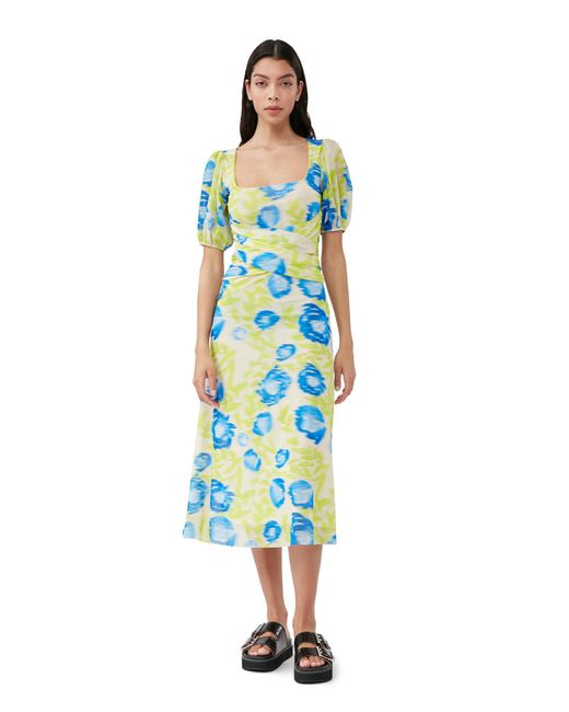 Ganni White Printed Mesh Puff Sleeved Midi Dress