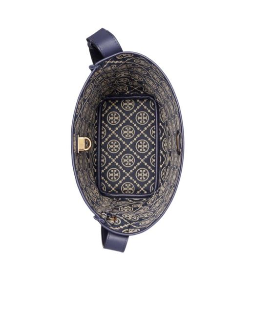 Tory Burch Blue T Monogram Leather-Trim Bucket Bag