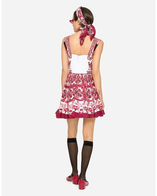 Dolce & Gabbana Red Short Majolica-Printed Charmeuse Bustier Dress