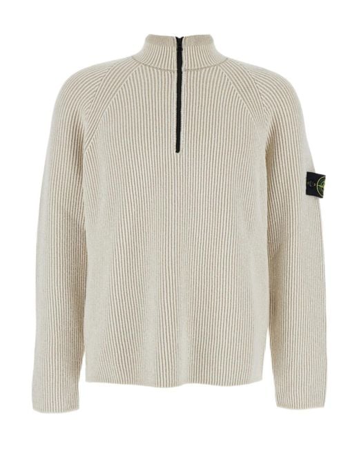 Stone Island White Compass Patch Half-Zipped Knitted Jumper for men