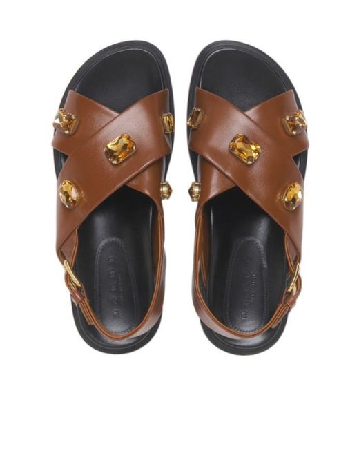 Marni Brown Crisscross Embellished Sandals